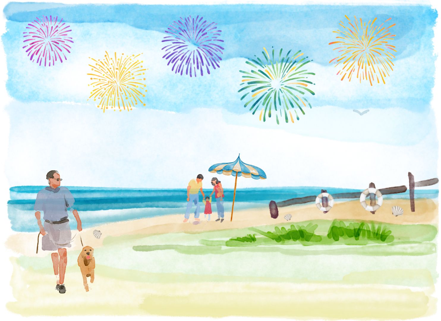 Summer beach scene in watercolor